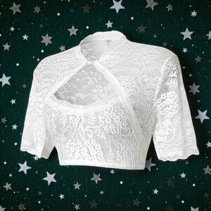 New XL White Lace Dirndl Blouse High Keyhole Neck Vneck Top Shirt Oktoberfest